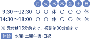 中央区月島の耳鼻咽喉科 橘耳鼻咽喉科クリニックの診療時間は月・火・木・金：9:30～12:30、14:30～18:00、土：9:30～12:30 休診日：水曜、土曜午後、日・祝